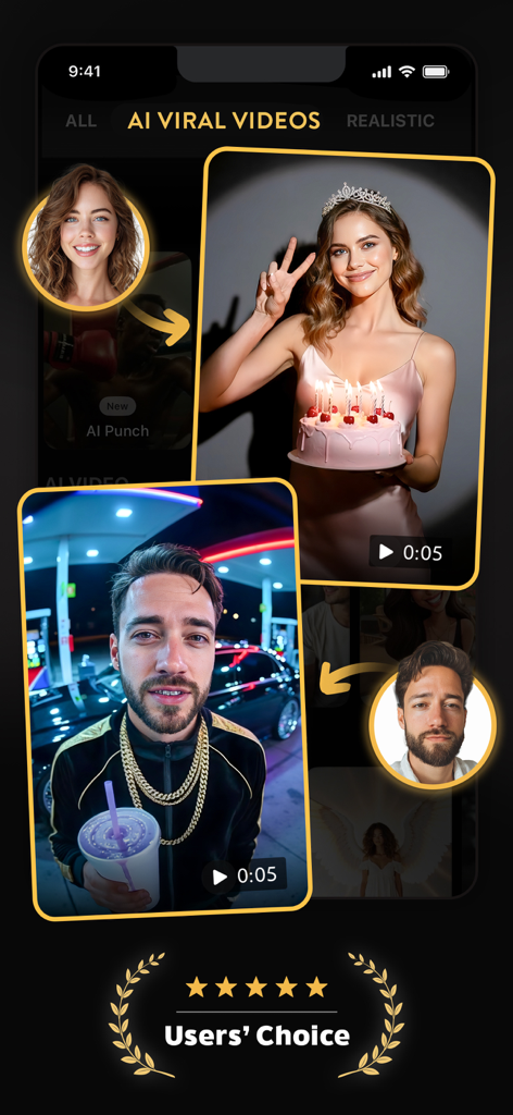 Pose: AI Photo Video Generator - Interfaz de la aplicación Pose AI que muestra estilos de generación de video viral y una calificación de usuario de cinco estrellas