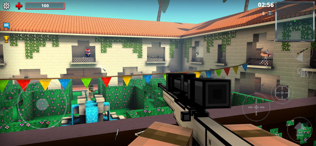 Vue de sniper à la première personne dans une bataille de cour pixélisée dans Pixel Strike 3D.