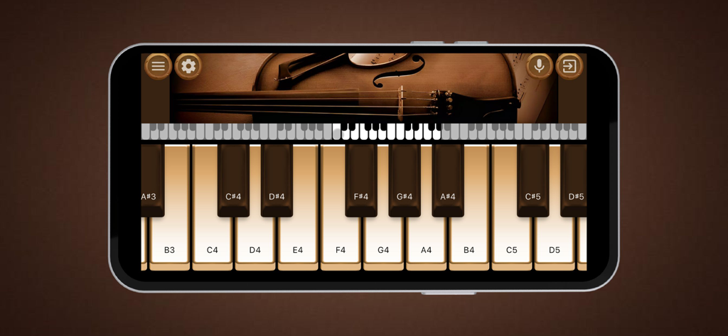 Cello Instrument Tuner - A virtual piano keyboard with labeled music notes on a cello themed mobile app interface