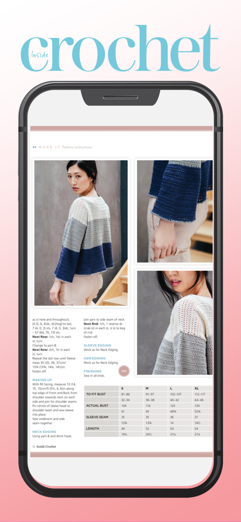Captura de pantalla de una aplicación móvil mostrando instrucciones de patrón de suéter de crochet y guía de tallas