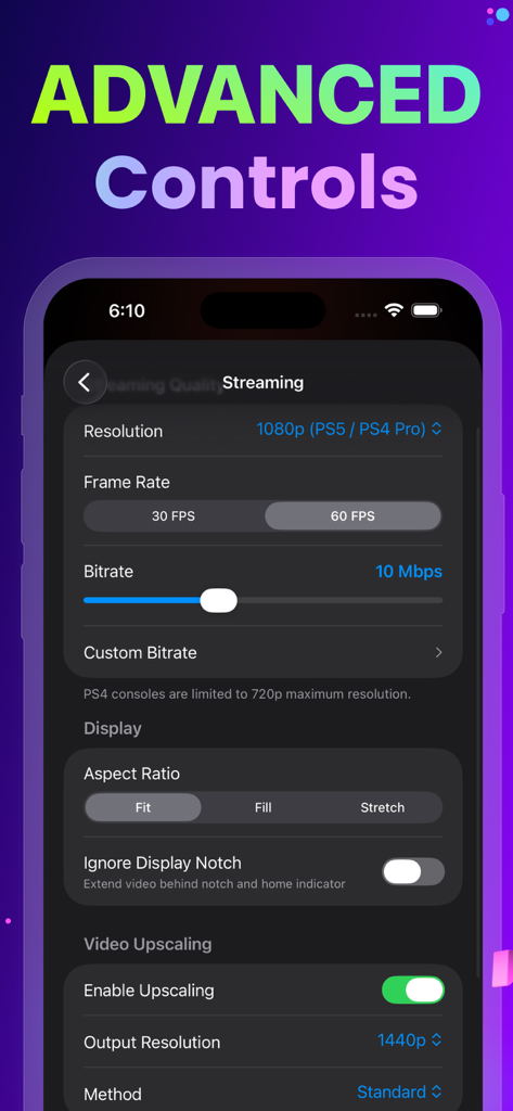 Play View - Remote Play Client - Interfaccia dell'app Play View che mostra le impostazioni di streaming avanzate per risoluzione e frame rate