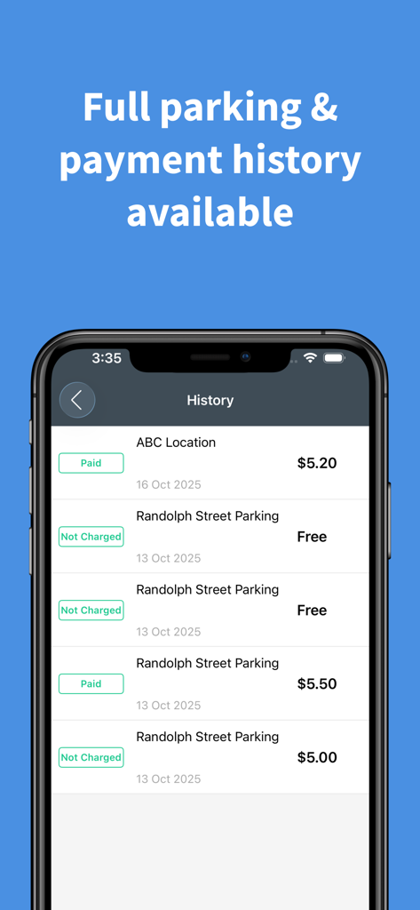 Inugo Parking - Smartphone screen showing a list of recent parking transactions and payments within the Inugo app