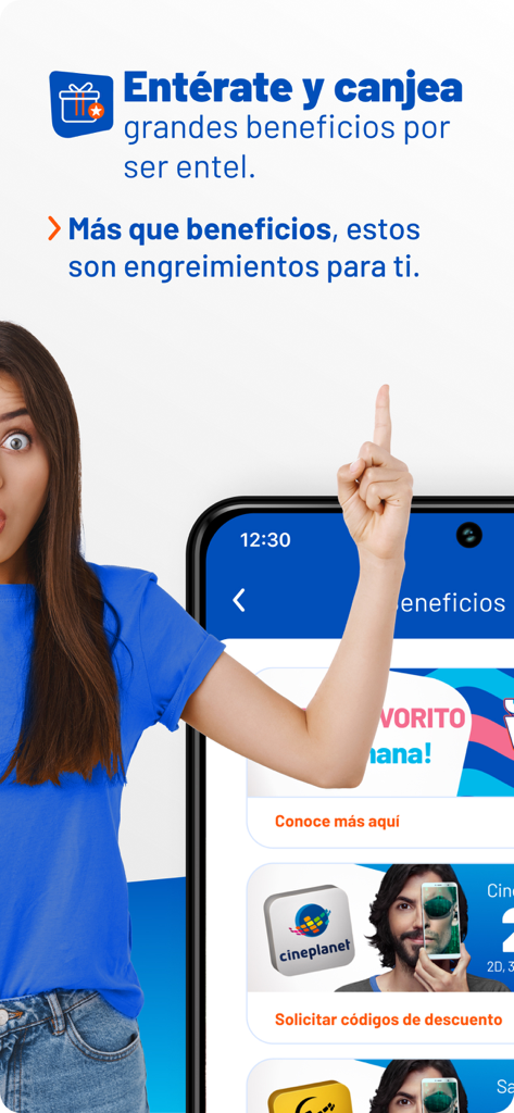 Pantalla promocional de la app Mi Entel Peru mostrando beneficios de lealtad y descuentos de cine.