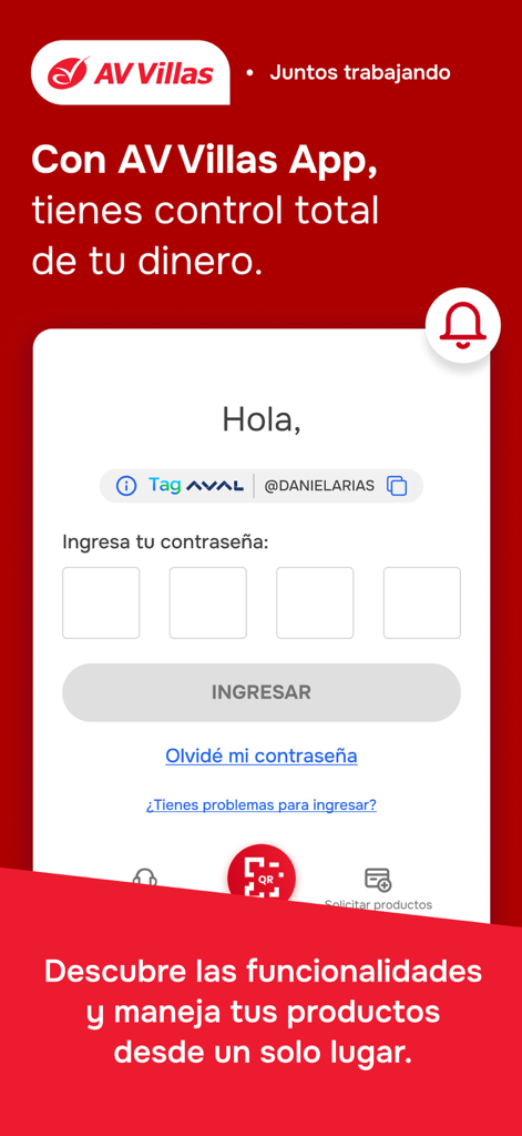 AV Villas App - Interface de connexion de l'application de banque mobile AV Villas avec champs de saisie de mot de passe