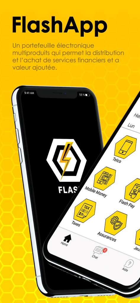 FlashApp - FlashApp mobile interface displaying various financial and value-added services in French including mobile money and telco