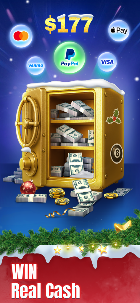 Promotional image for 8 Ball Strike showing a golden safe full of cash and secure payment icons like PayPal and Apple Pay