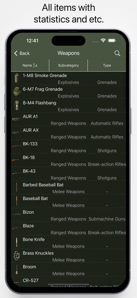 Pocket Wiki for DayZ - Pocket Wiki for DayZ app displaying a list of weapons including grenades and rifles