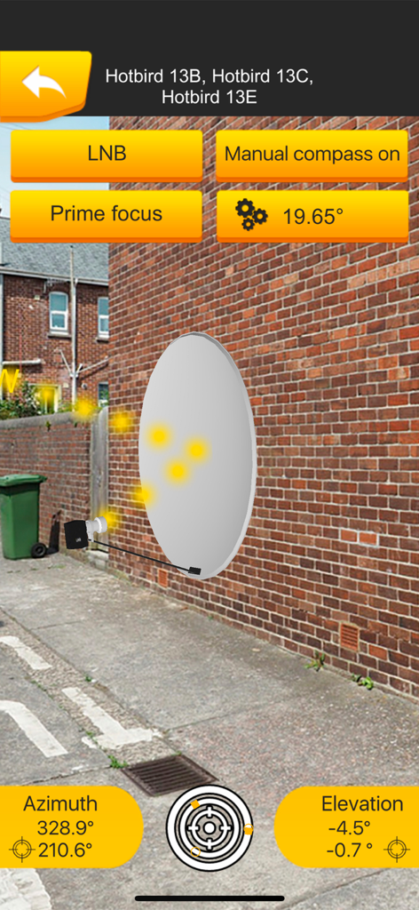 Satellite map AR SatFinder 3D - Augmented reality view of a 3D satellite dish model for alignment on a building wall
