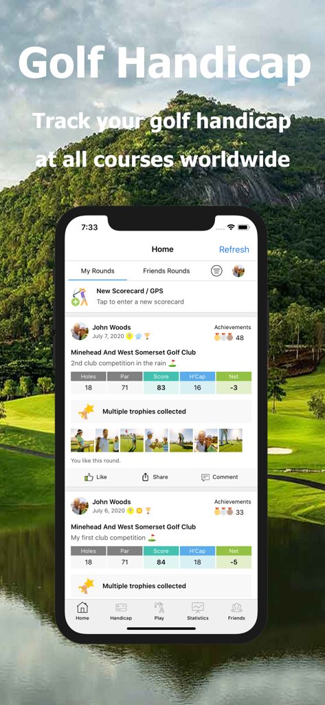 Golf Handicap - Online Golf - The home screen of the Golf Handicap app displaying a player's round history, scores, and trophies over a scenic golf course background.