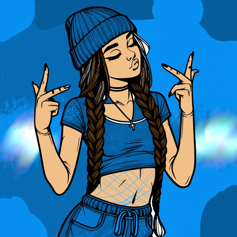 realistic teenage girl with braids and a beanie and crop top doing 🫶🏼