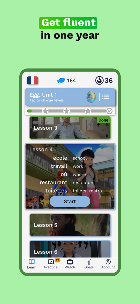 Umi - Language Learning - Interfaz de la aplicación de aprendizaje de idiomas Umi mostrando una lección de francés con palabras de vocabulario y clips de video.