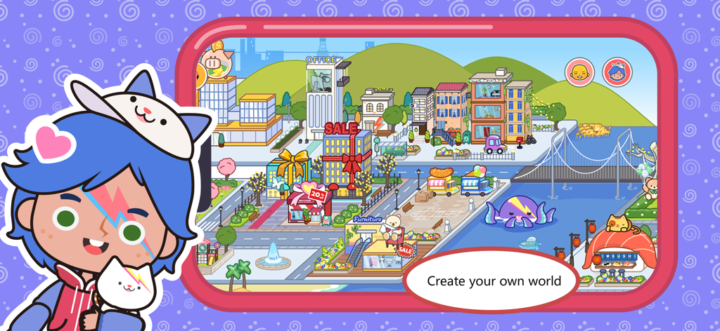 Miga Town: My World - A colorful cartoon city in Miga Town My World featuring various buildings and a customizable character.