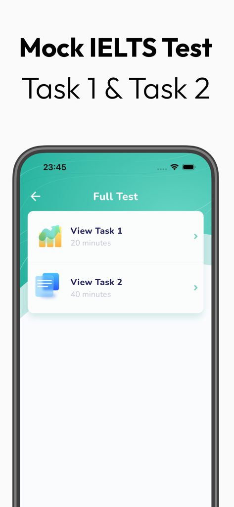 IELTS Writing Tests - Interface of the IELTS Writing Tests app showing options for Task 1 and Task 2 mock tests.