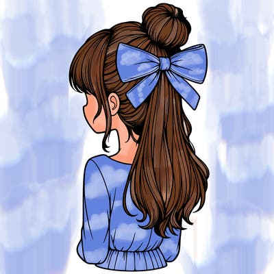 realistic girl  with hip length hair a bun and a big bow on the back of head