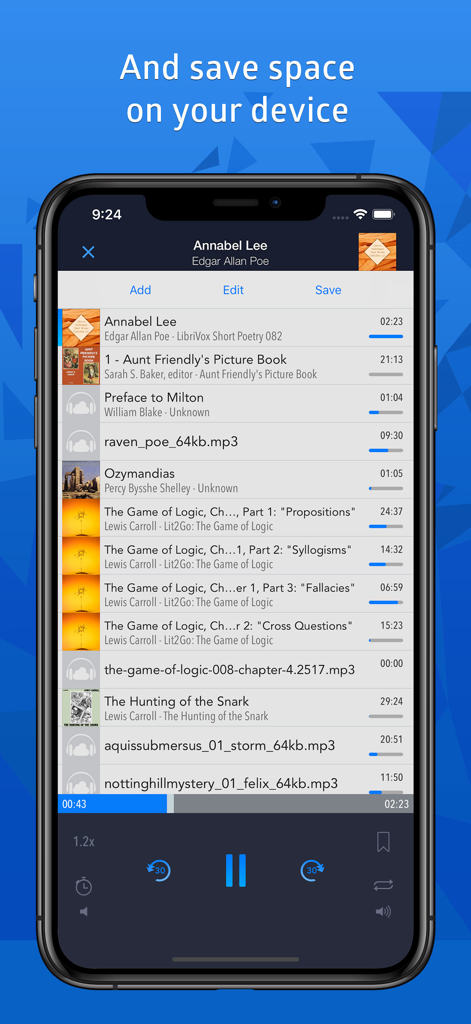 CloudBeats: audio book player - iPhone screen displaying the CloudBeats app interface with an audiobook playlist and narration speed controls