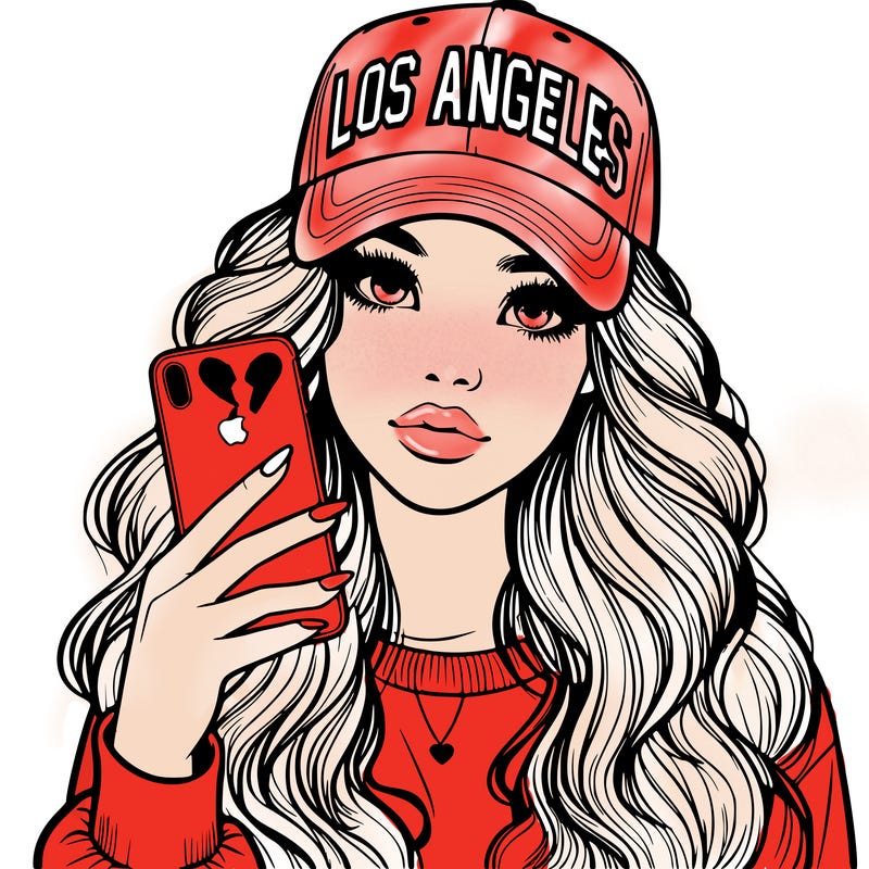 realistic beautiful girl wearing los ángeles cap holding an iphone