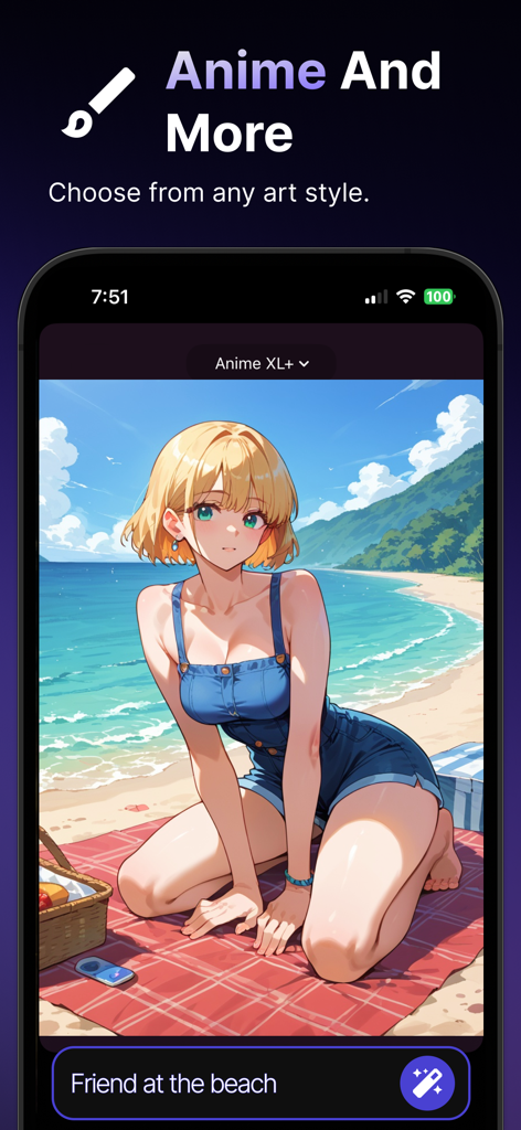 Uma personagem de anime em uma praia gerada usando o aplicativo Promptchan IA.