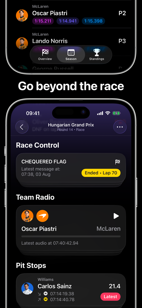 Lights Out app displaying live Formula 1 race stats including race control messages team radio and pit stop data