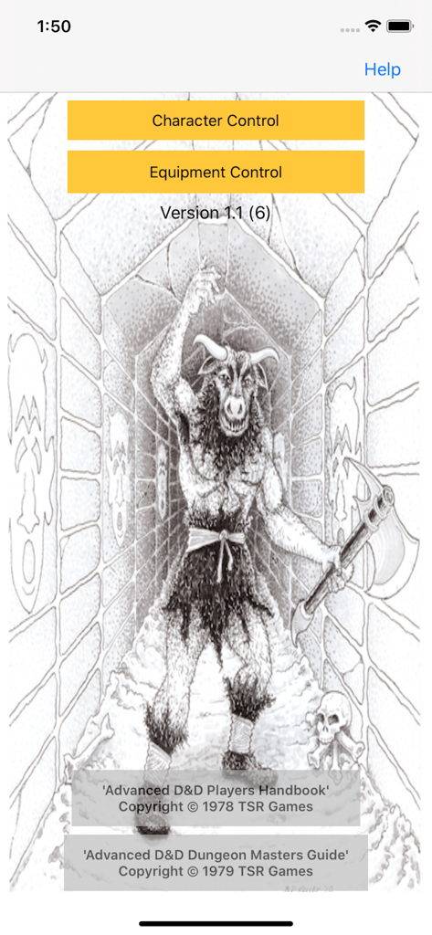 Character Gen for 1st Ed DnD - Main menu of the 1st Edition DnD character generator app featuring classic dungeon crawler artwork.