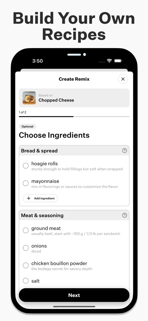 Cook Well - For Home Cooks - Cook Well app screen for building custom recipes by choosing ingredients
