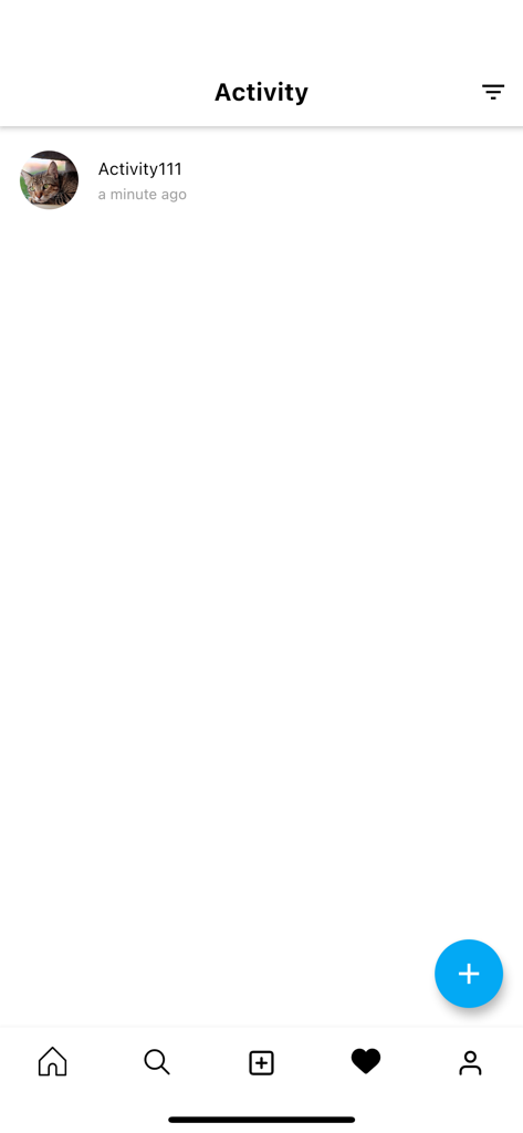 Screenshot of the PhotoNote app showing an activity feed that mimics a social media interface with a cat avatar and a post titled Activity111.