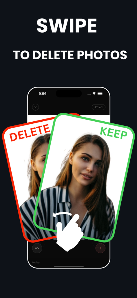 Photo Delete Swipe: Cleaner - Pantalla de smartphone mostrando una interfaz de deslizamiento para eliminar fotos no deseadas y conservar otras