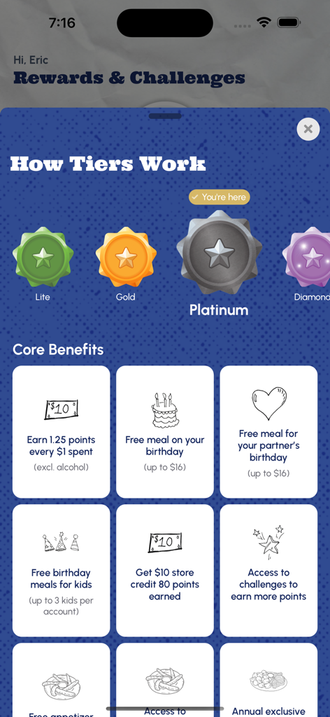 Pluckers Club app screen showing membership tiers and core benefits like free birthday meals and rewards points