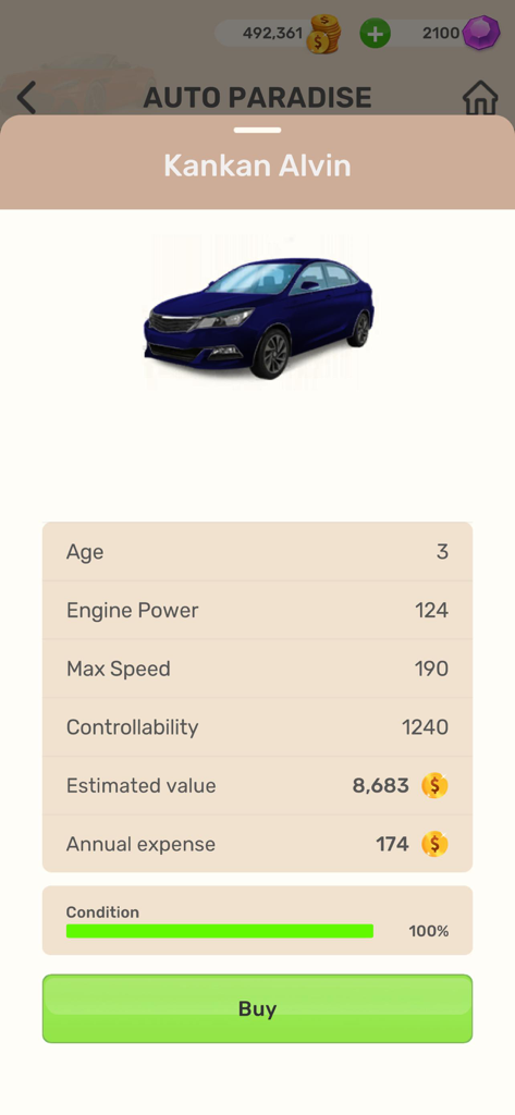 Una pantalla de compra de coches en el juego Real Life que muestra un sedán azul con sus estadísticas de rendimiento y precio.