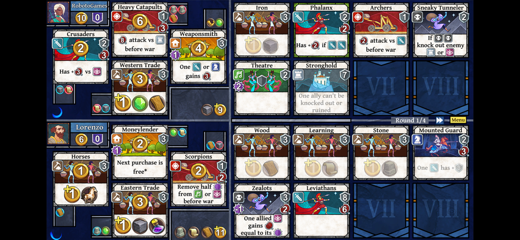 Age of Rivals - Gameplay screen of Age of Rivals showing two players managing various strategy and resource cards on a board
