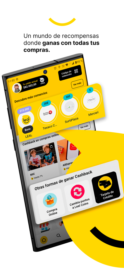 The Leal rewards app interface showing loyalty coins and cashback options on a mobile phone.