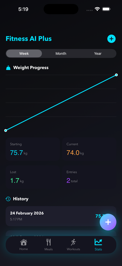 Fitness AI Plus - Fitness AI Plus app screen showing weight progress chart and loss statistics