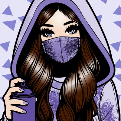 girl wearing a mask with long hair with her hood up spray-painting realistic