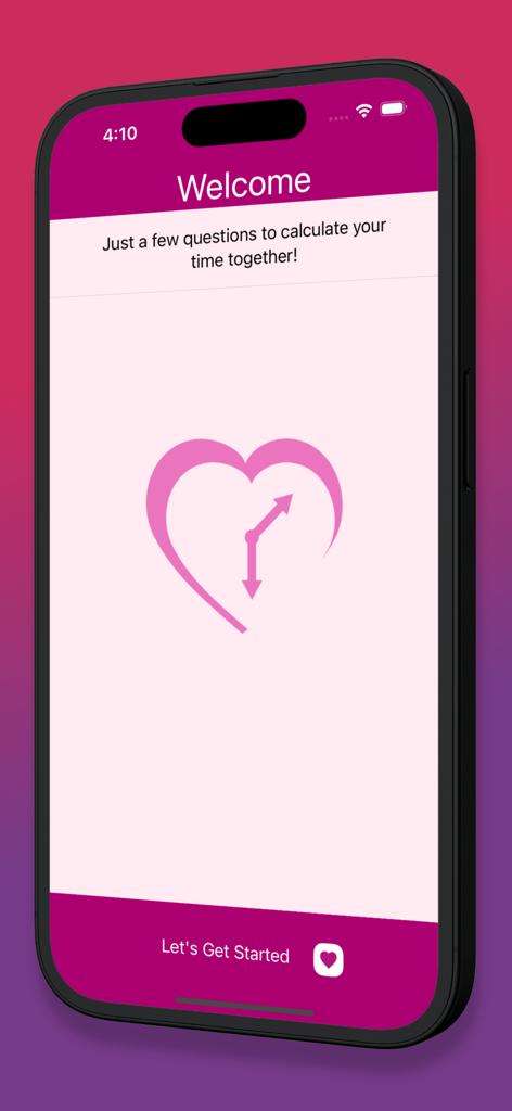 Our Time Together - Welcome screen of Our Time Together app featuring a heart and clock icon