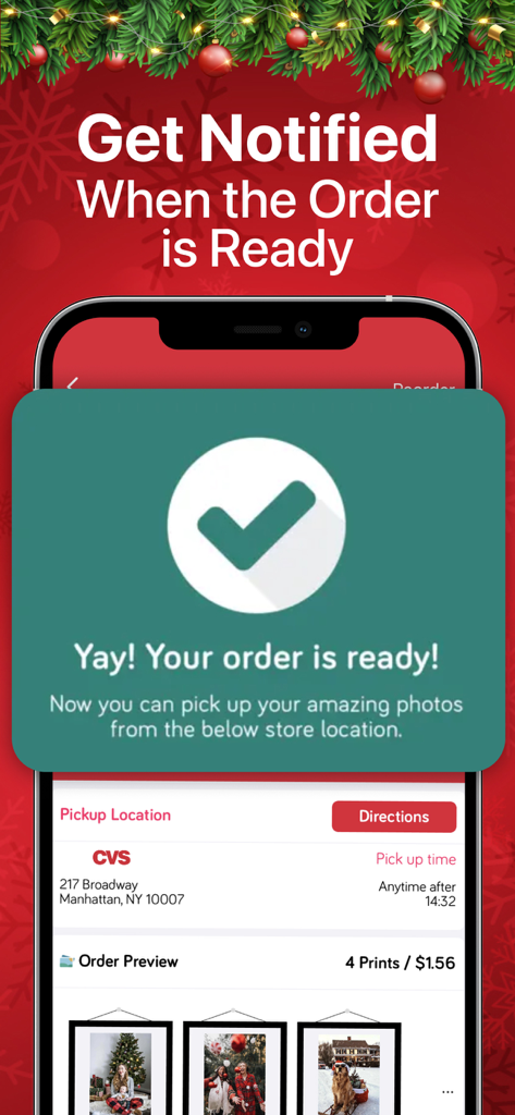 Notification d'application mobile indiquant qu'une commande d'impressions photo est prête à être retirée dans un magasin CVS