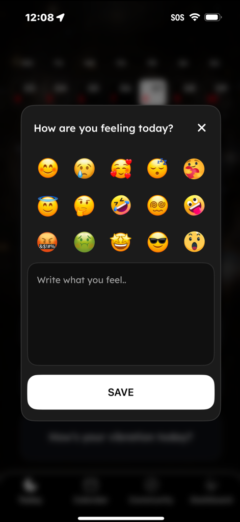 Une interface de suivi de l'humeur dans l'application Lightbody demandant 'Comment vous sentez-vous aujourd'hui' avec une grille d'emojis expressifs et un champ de texte pour la journalisation.