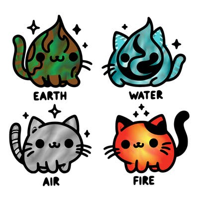 4 cats that represent the different elements, earth, water, air, and fire