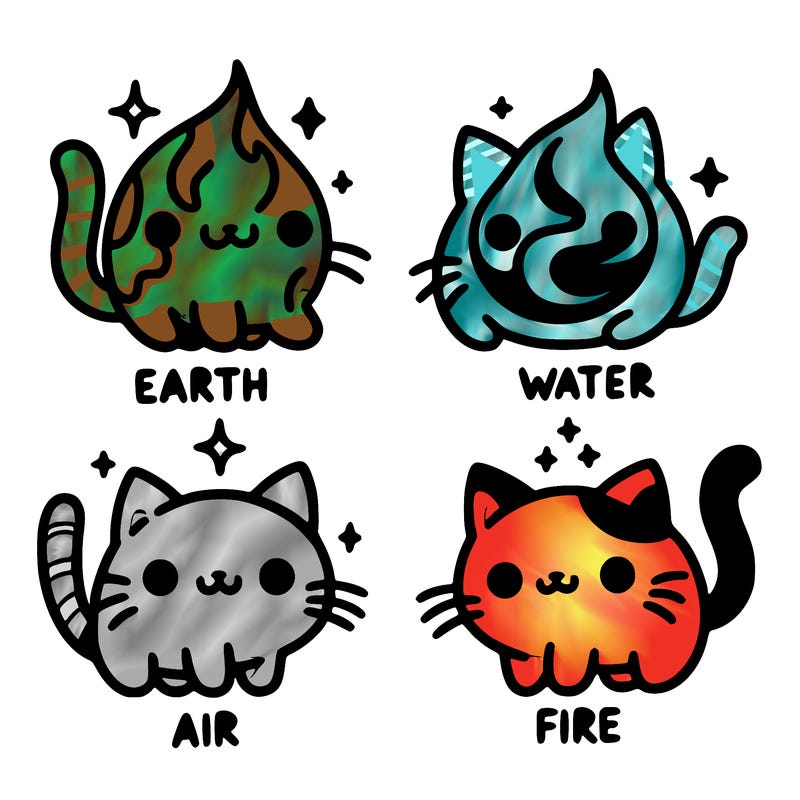 4 cats that represent the different elements, earth, water, air, and fire