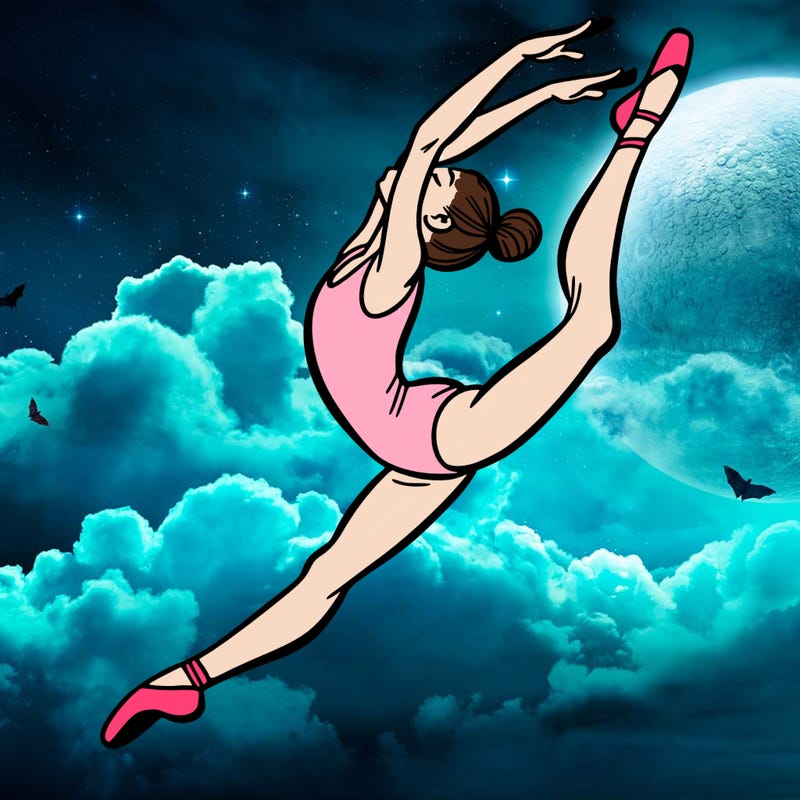 gymnast doing a leap in a leotard with a bent back leg