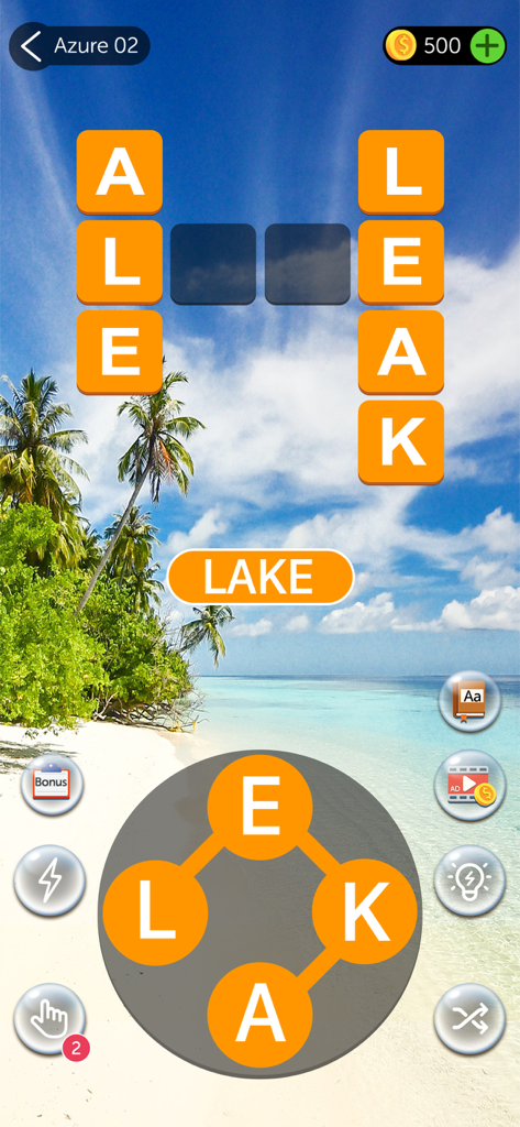 Crossword Quest - Word Puzzles - Crossword Quest word puzzle gameplay with a tropical beach background and letter connecting circle.