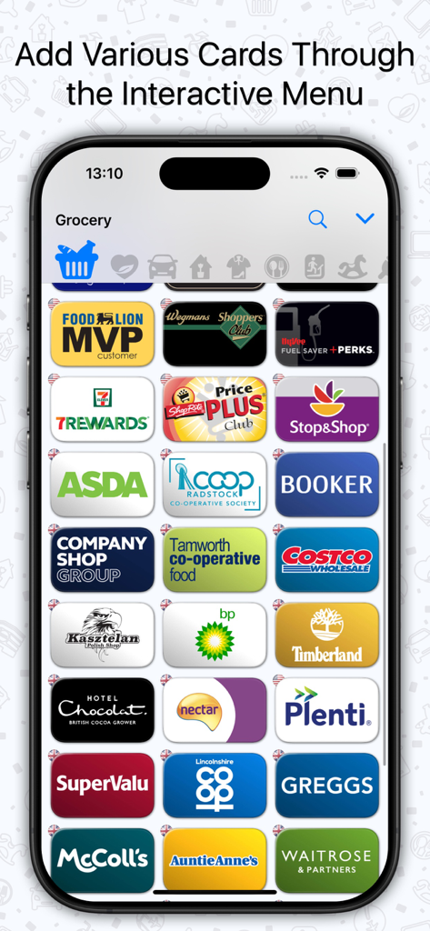Oyko - Loyalty Cards Wallet - iPhone screenshot of the Oyko app showing a grid of various grocery store loyalty cards to add including Costco and 7Rewards