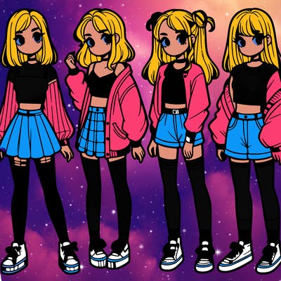 one girl with crop-top shirt and a jacket with a skirt, long socks and another girl with a shirt and pants with a jacket