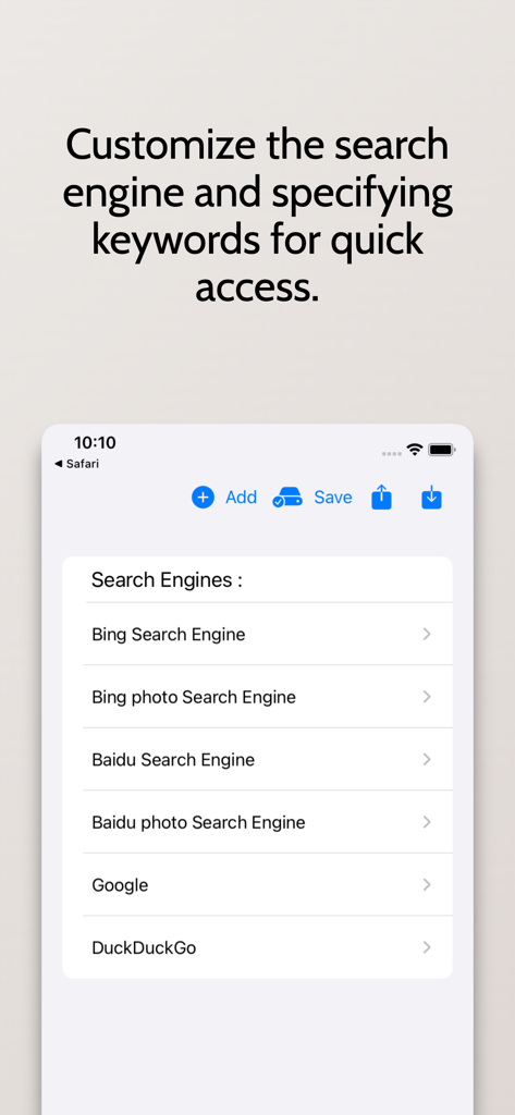 Multi Search Engine - SafariカスタマイズのためにGoogle、Bing、Baiduなどの検索エンジンオプションのリストを示すマルチ検索エンジンアプリの設定