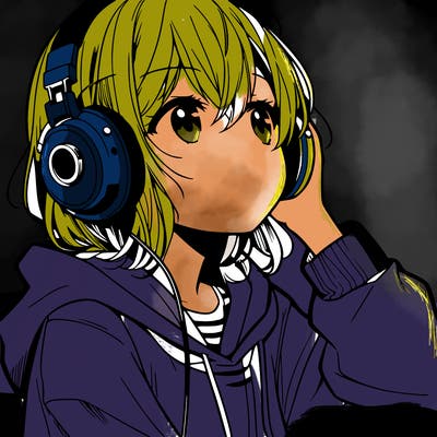 manga character that listen a music with headphone