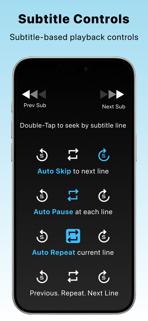 SubX Player – Dual Subtitles - L'interface de SubX Player affichant les contrôles de lecture basés sur les sous-titres, y compris les fonctions de pause automatique, de saut automatique et de répétition automatique pour l'apprentissage des langues.
