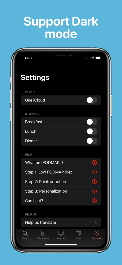 The settings screen of the Low FODMAP diet app shown in dark mode featuring meal reminders and dietary step guides.