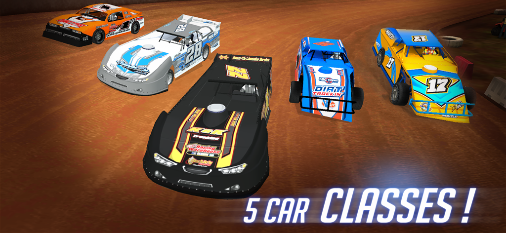 Five different types of dirt racing cars on an oval track showcasing the available vehicle classes