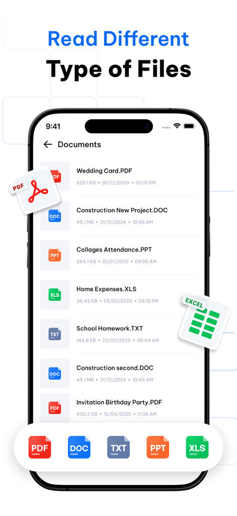File Manager: Vault & Explorer - A mobile app screen showing a list of different document types like PDF DOC and XLS with the heading Read Different Type of Files