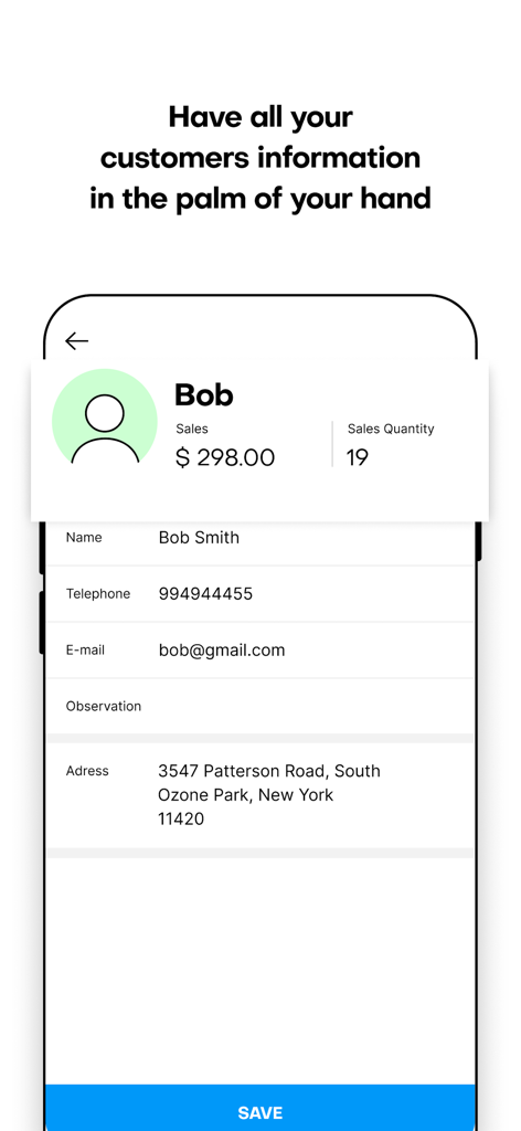Nex: sales app for stores - Nex app interface showing detailed customer information including contact details and sales history for a small business