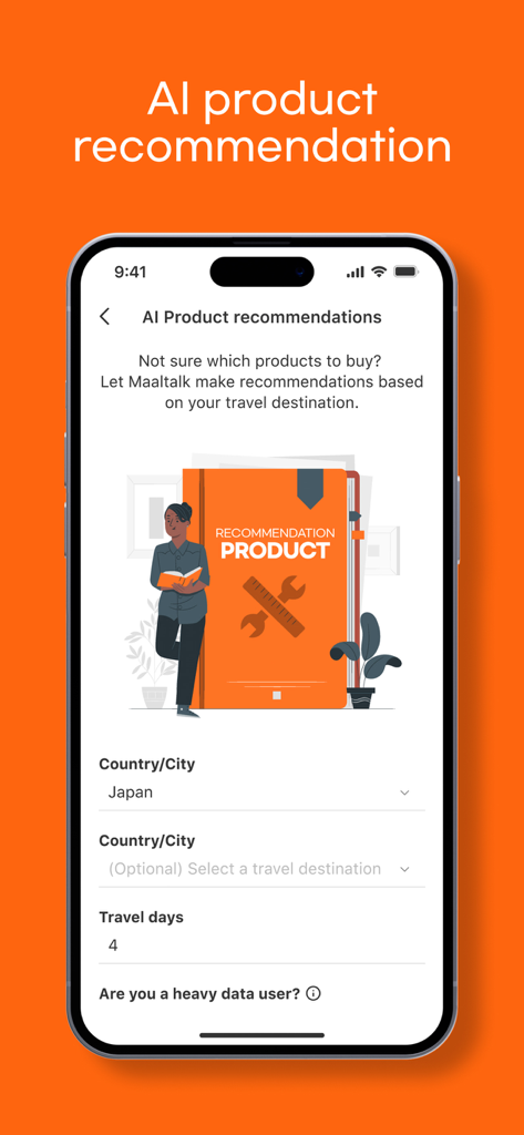 MaaltalkNow: AI Travel, eSIM - MaaltalkNow app interface showing the AI product recommendations feature for selecting a travel eSIM plan.