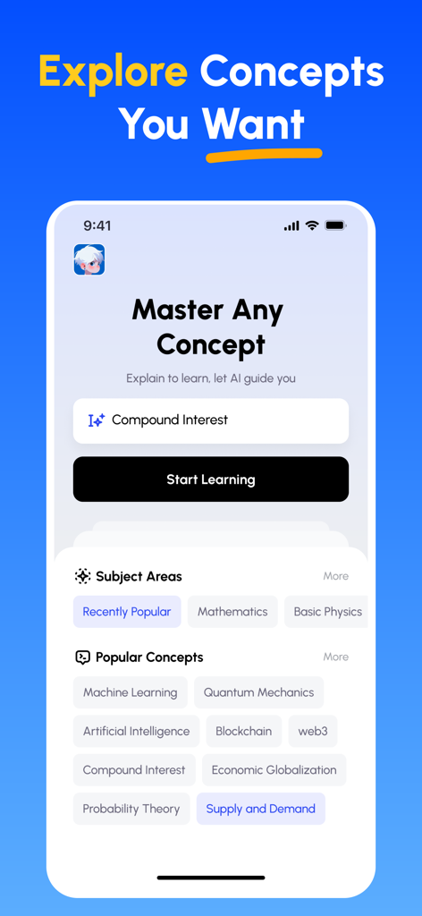 Feynman AI: Explain to Learn - La pantalla de la aplicación Feynman AI mostrando una interfaz de exploración con varios conceptos académicos populares y áreas temáticas para que los estudiantes dominen